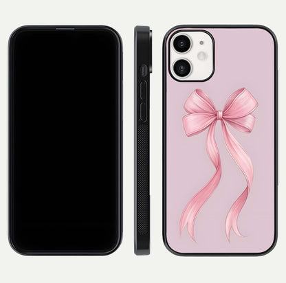 Soft Blush Bow iPhone 12 Mini glass phone case front and side layout view displaying slim profile and gentle aesthetic