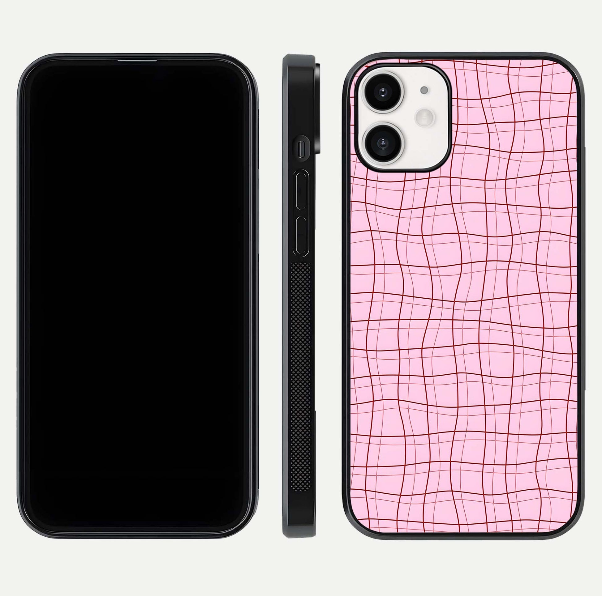 Soft Grid Bliss iPhone 12 Mini glass phone case front and side layout view displaying slim profile and clean design