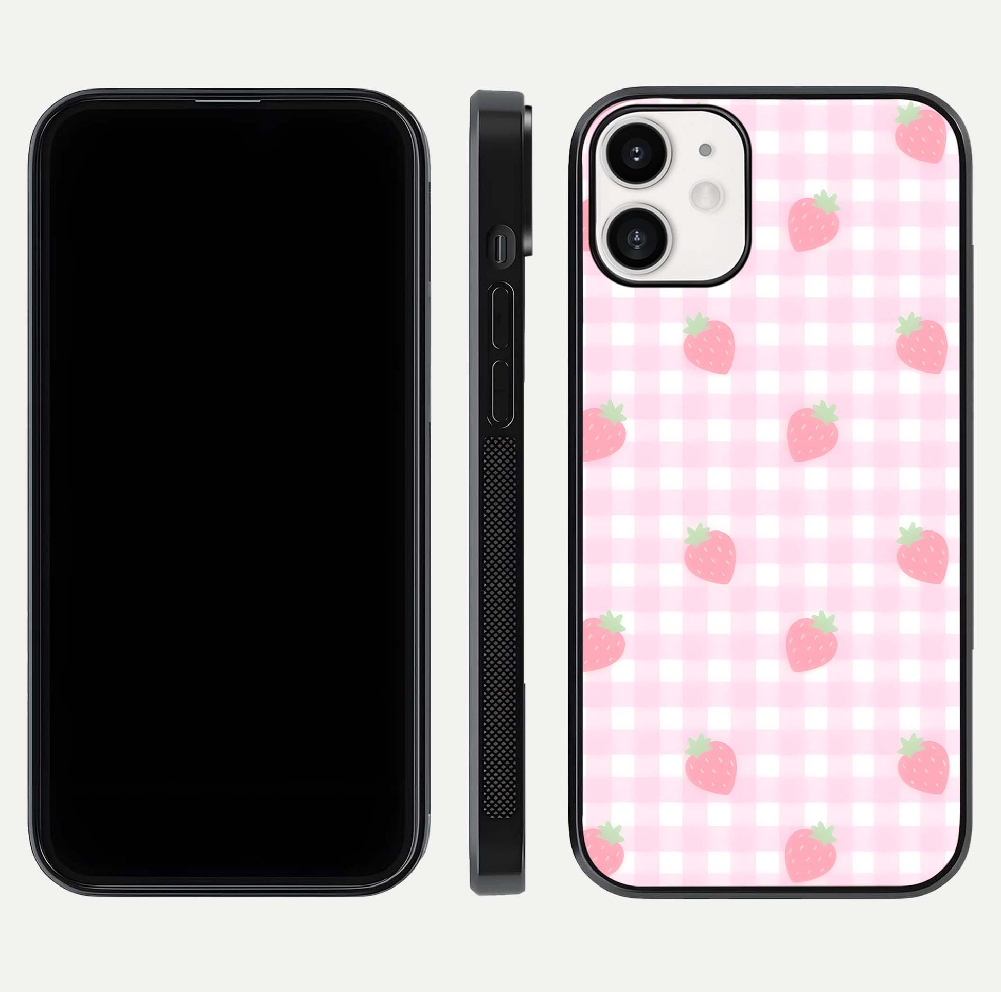 Strawberry Picnic Love iPhone 12 Mini glass phone case front and side layout view showing slim profile and full picnic design