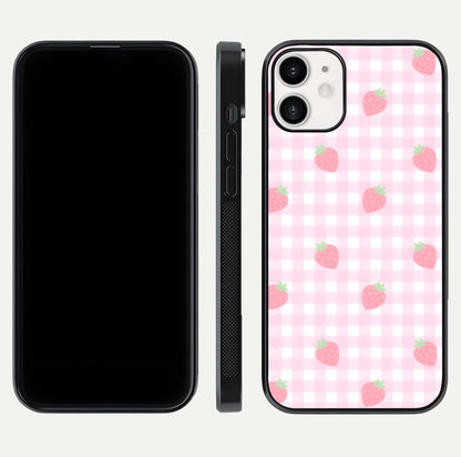 Strawberry Picnic Love iPhone 12 Mini glass phone case front and side layout view showing slim profile and full picnic design