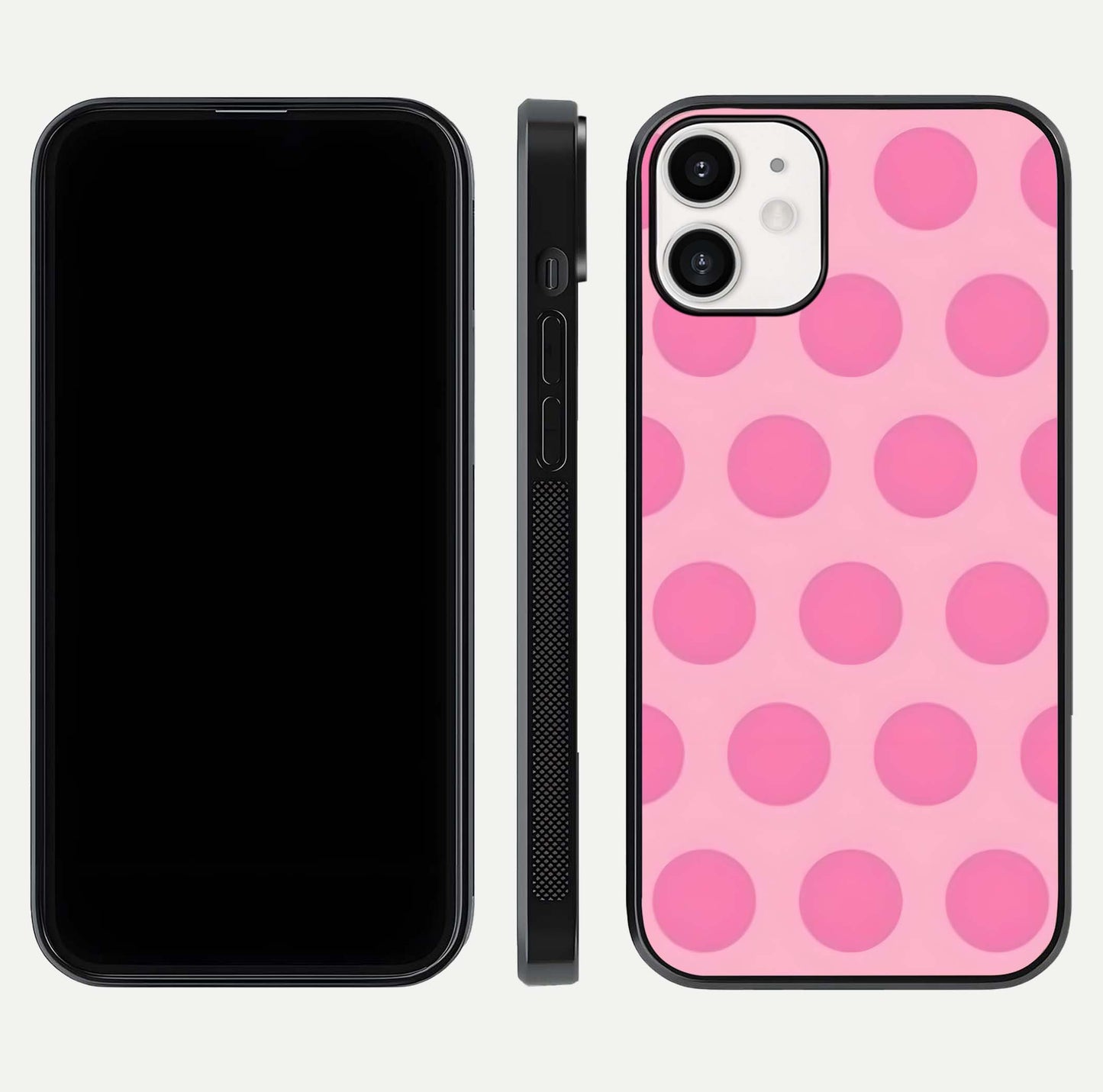 Sweet Dot Dreams iPhone 12 Mini glass phone case front and side layout view displaying slim build and full dot design
