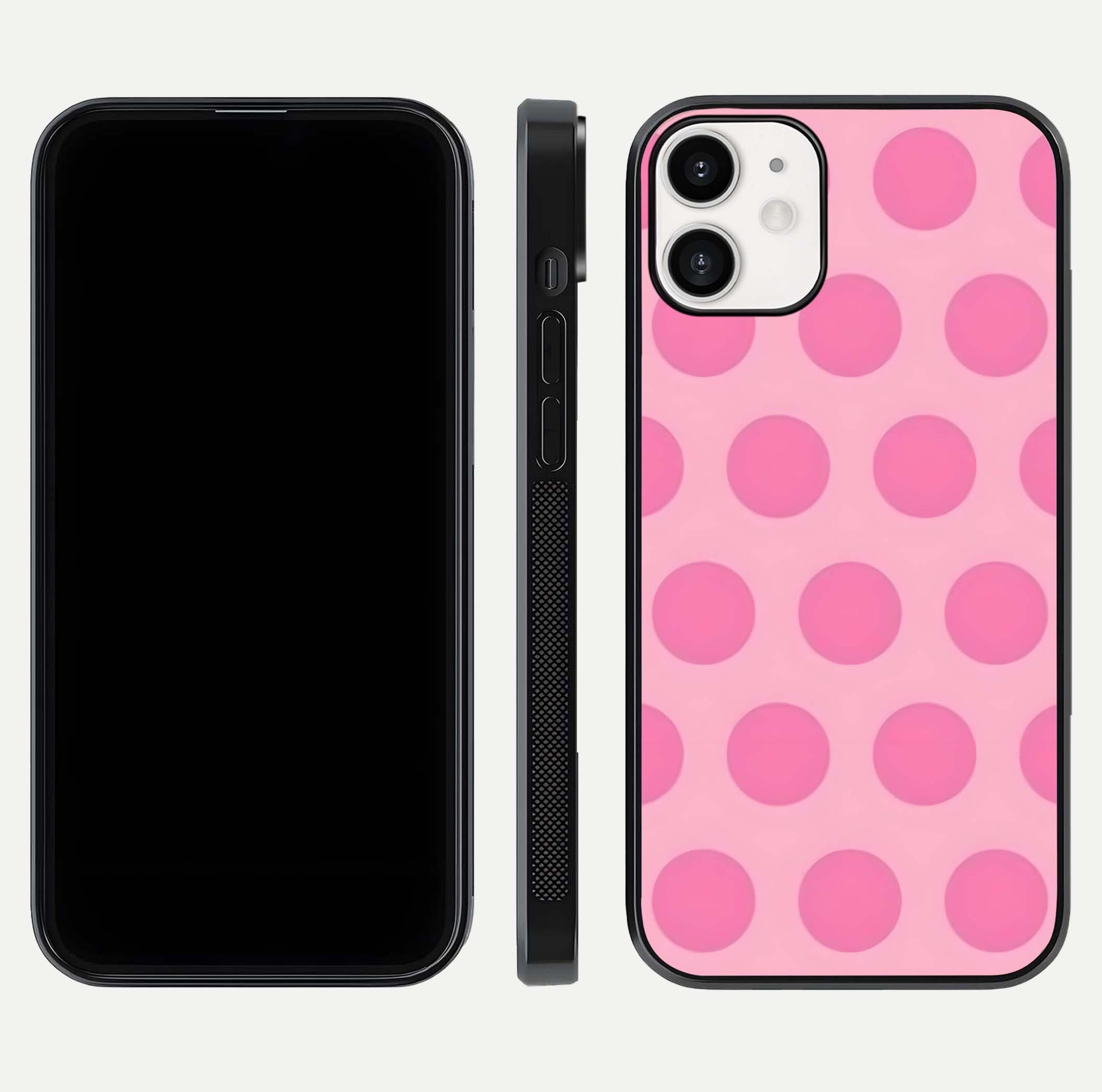 Sweet Dot Dreams iPhone 12 Mini glass phone case front and side layout view displaying slim build and full dot design