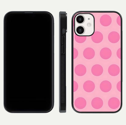 Sweet Dot Dreams iPhone 12 Mini glass phone case front and side layout view displaying slim build and full dot design