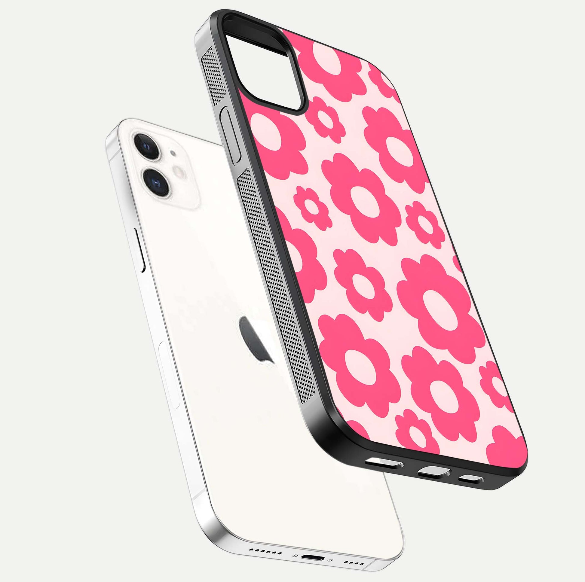 Blush Flower Pop iPhone 12 Mini glass phone case floating view emphasizing premium build and vibrant flower artwork