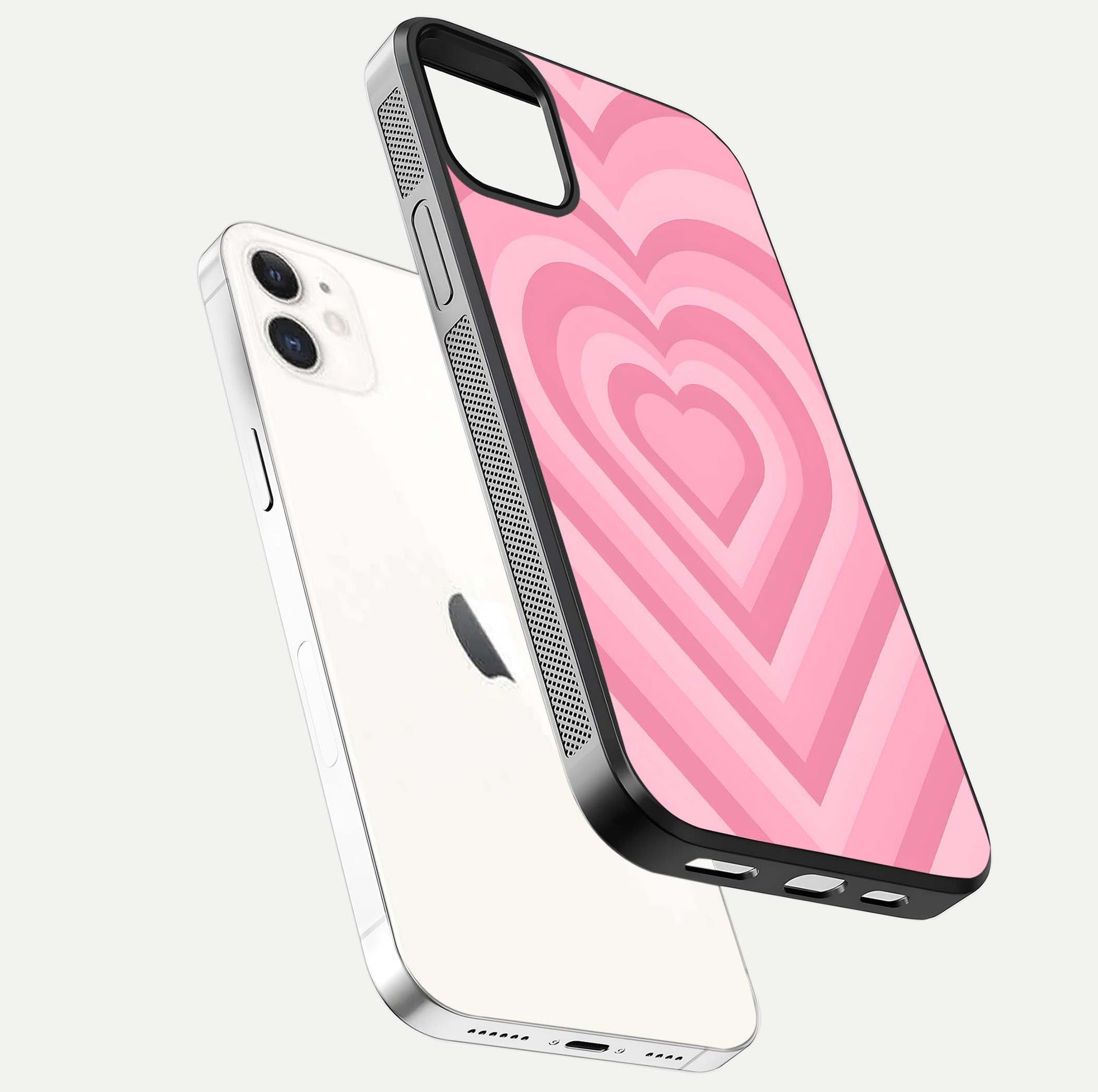 Blush Heart Waves iPhone 12 Mini glass phone case floating view emphasizing glossy finish and layered heart design