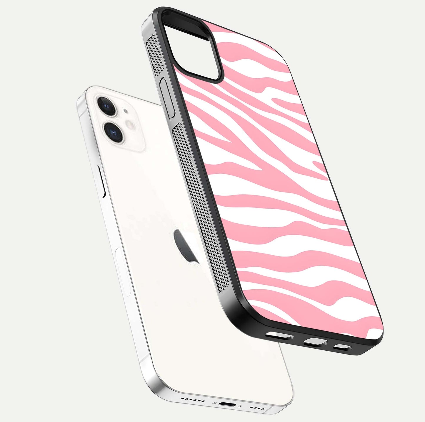 Blush Zebra Flow iPhone 12 Mini glass phone case floating view emphasizing premium glossy surface and dynamic design