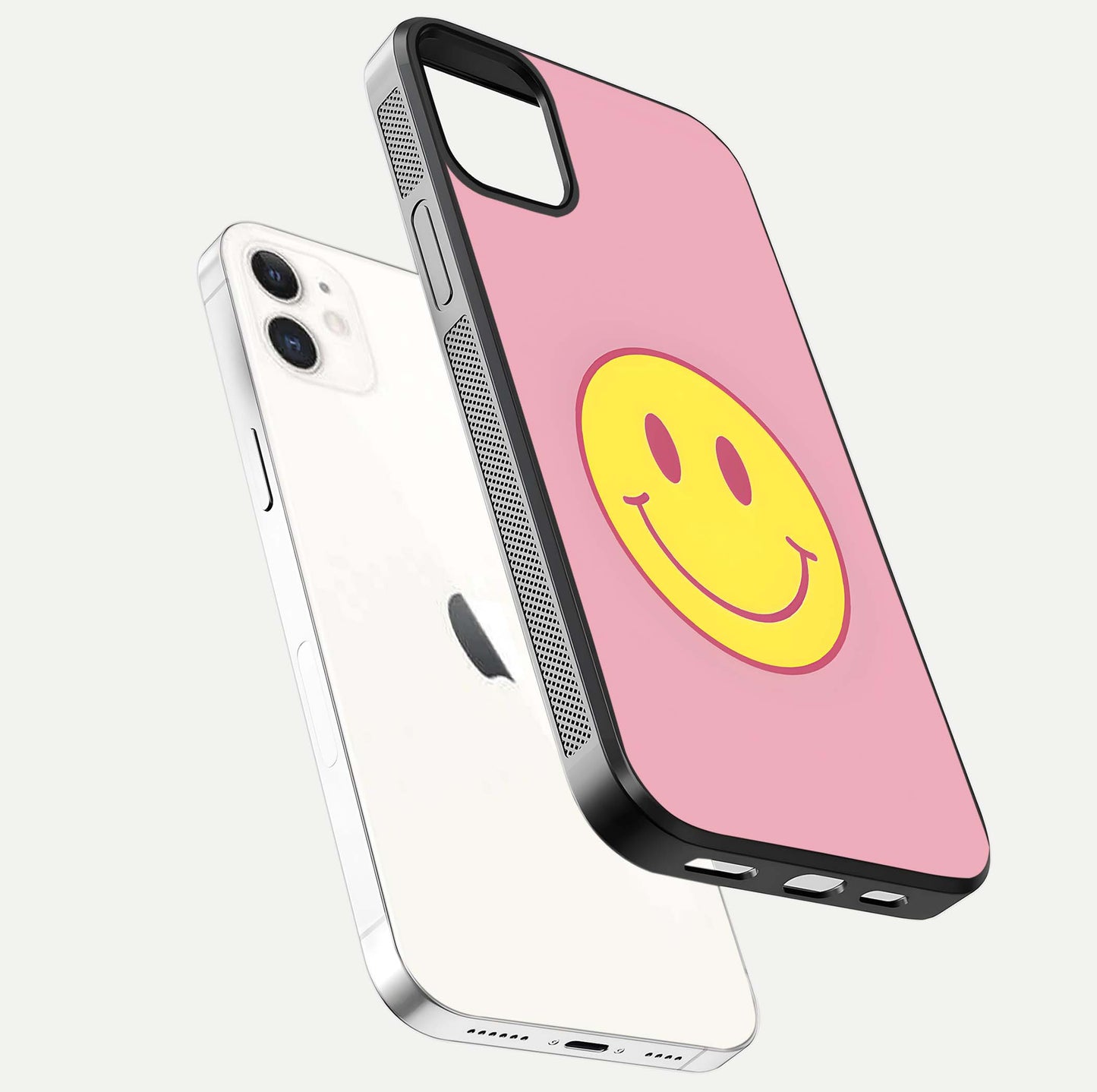 Happy Pink Mood iPhone 12 Mini glass phone case floating view emphasizing glossy finish and joyful color palette