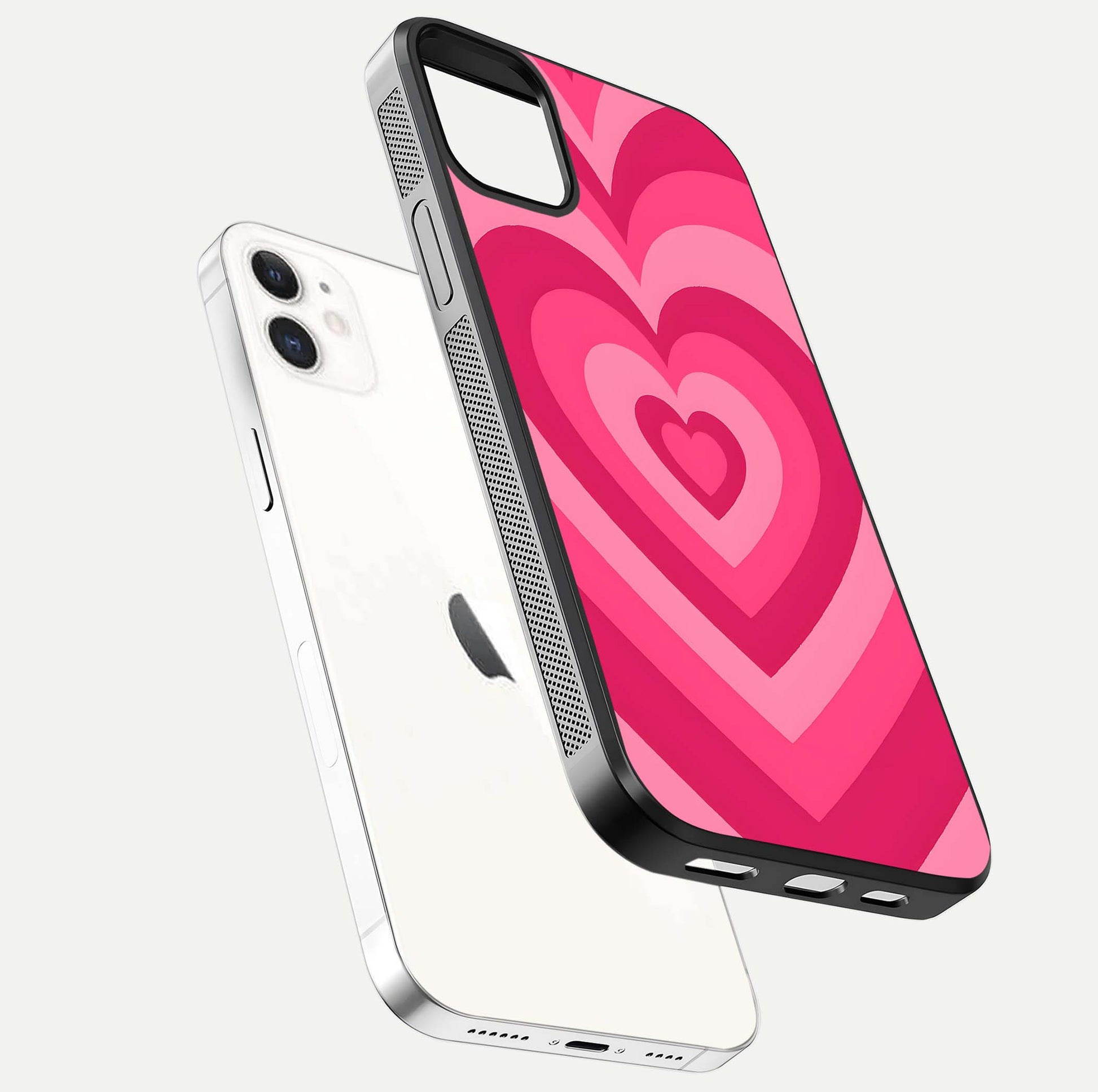 Layered Love Hearts iPhone 12 Mini glass phone case floating view emphasizing glossy surface and layered heart details