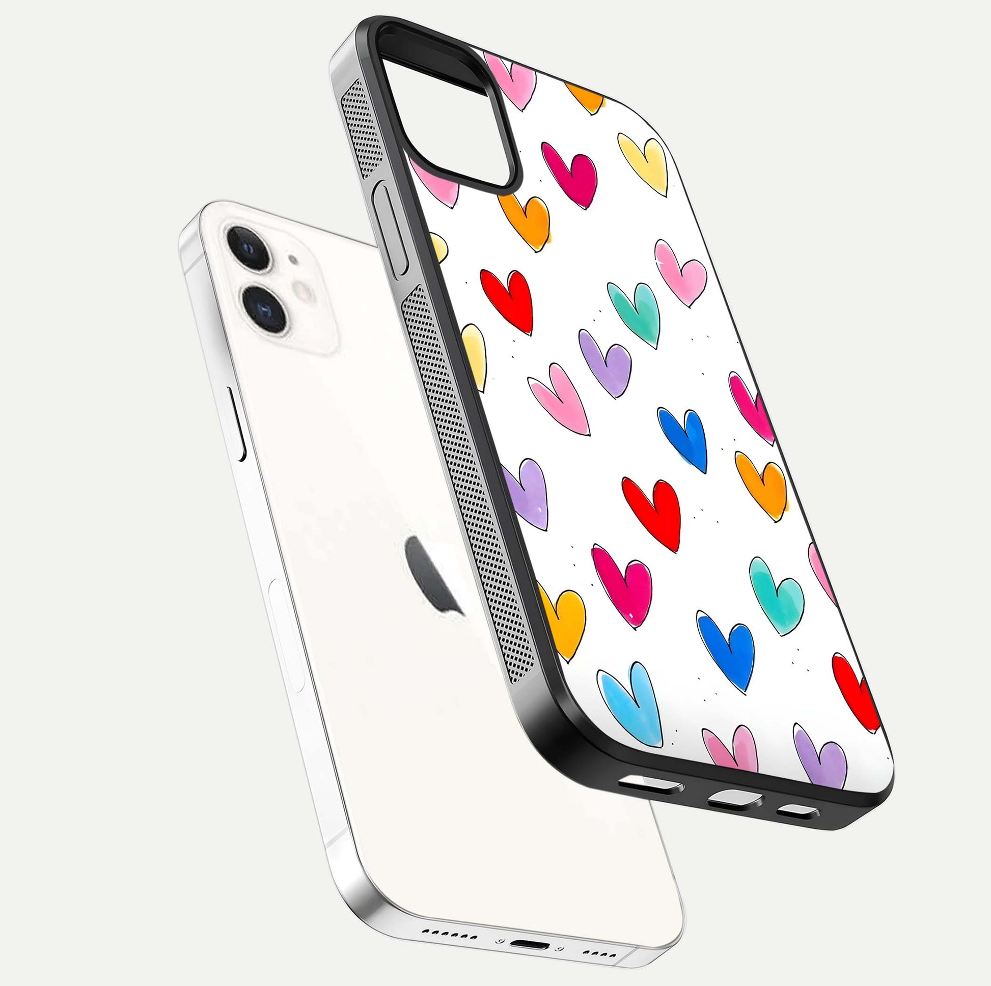 Playful Love Doodles iPhone 12 Mini glass phone case floating view emphasizing glossy finish and playful design