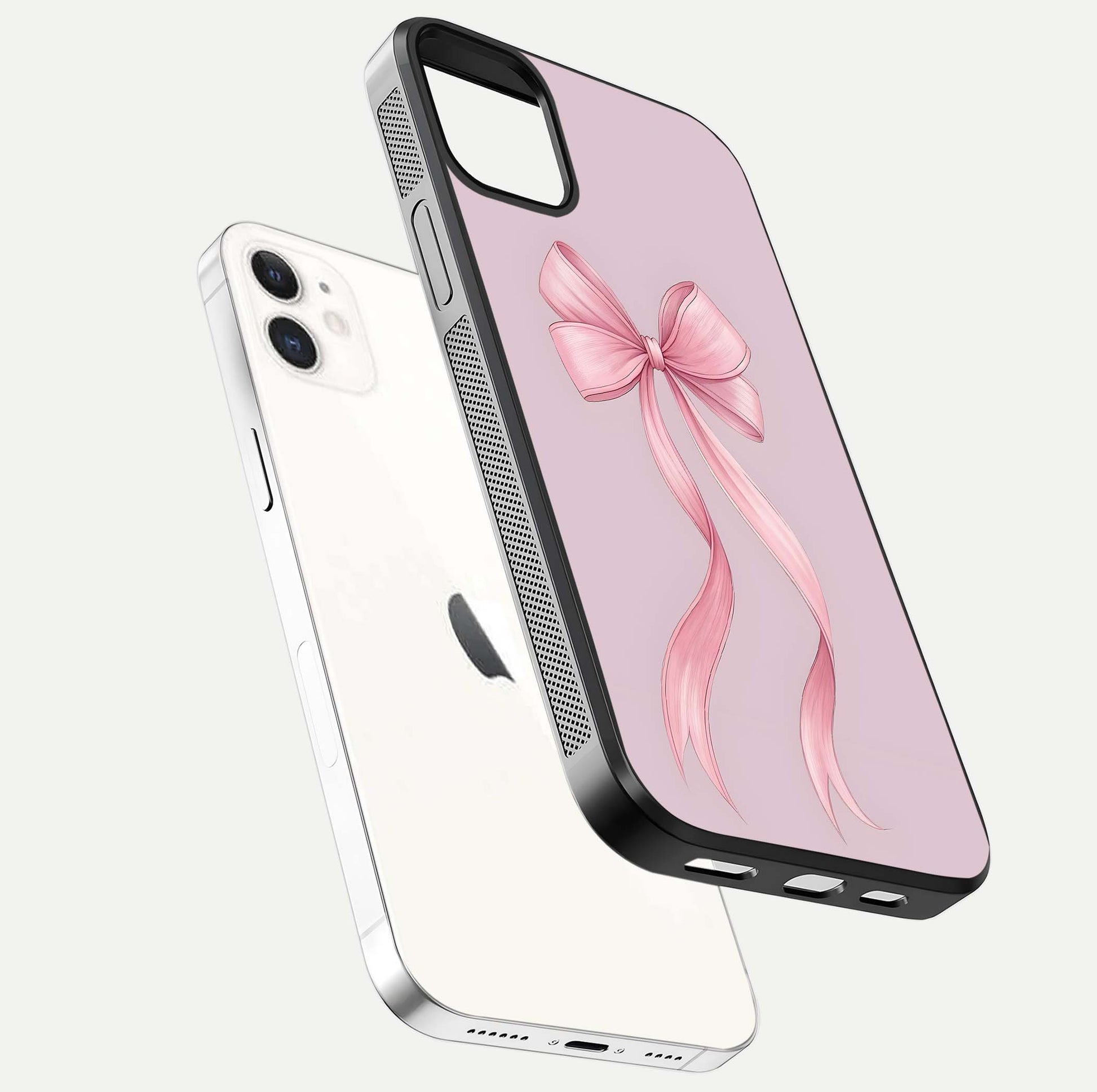 Soft Blush Bow iPhone 12 Mini glass phone case floating view emphasizing glossy surface and soft feminine styling