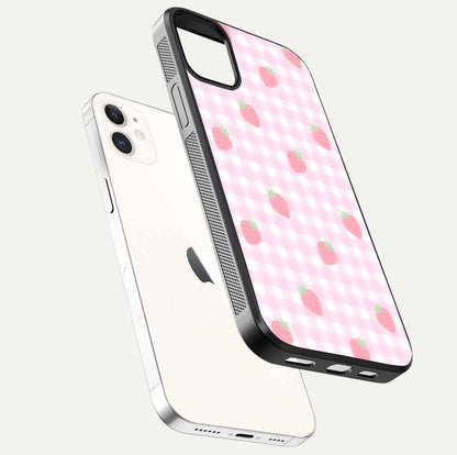 Strawberry Picnic Love iPhone 12 Mini glass phone case floating view emphasizing glossy finish and playful charm