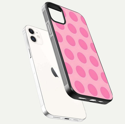 Sweet Dot Dreams iPhone 12 Mini glass phone case floating view emphasizing glossy surface and soft playful styling