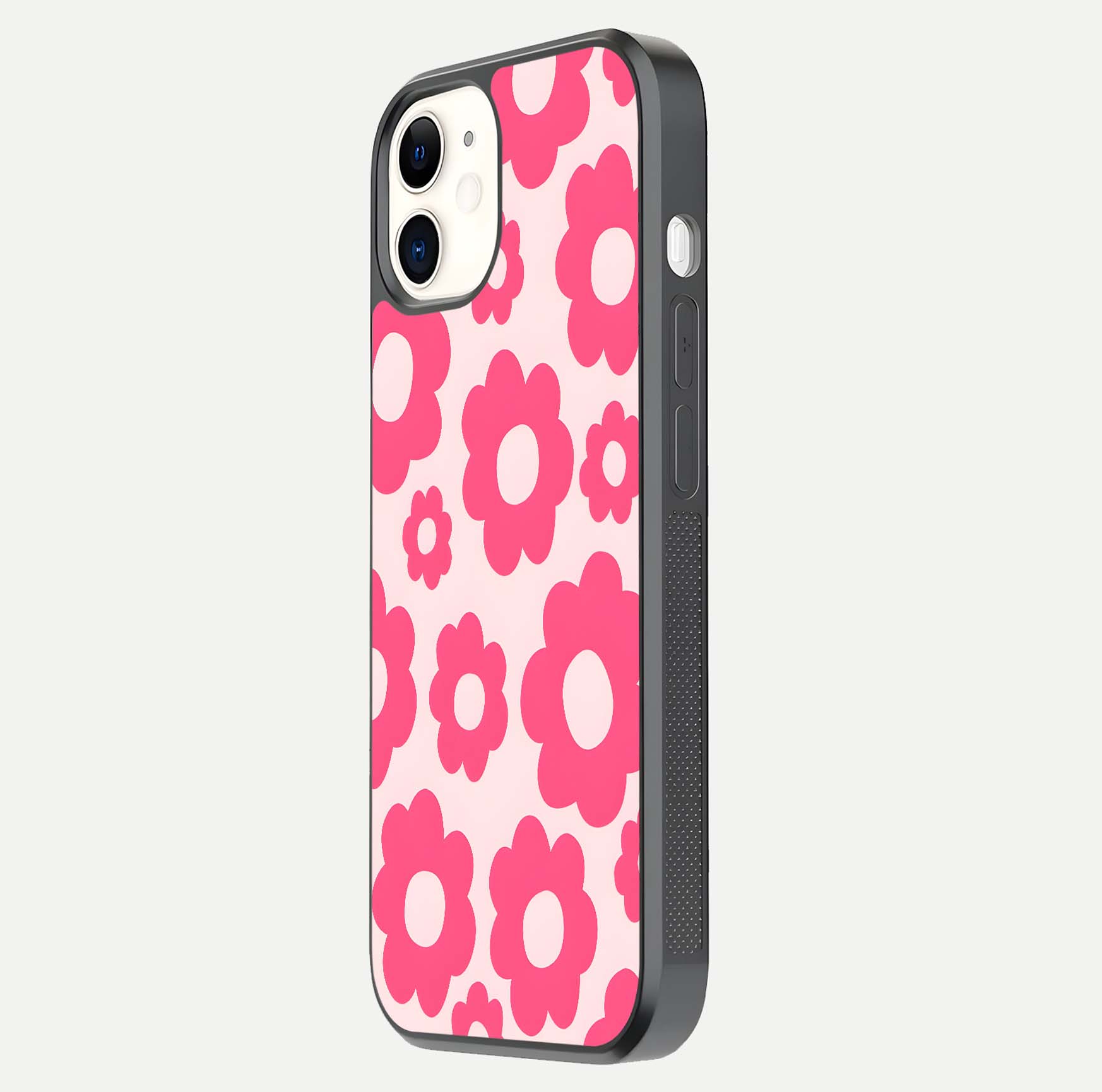 Blush Flower Pop iPhone 12 Mini glass phone case side profile view focusing on clean edges and seamless floral wrap