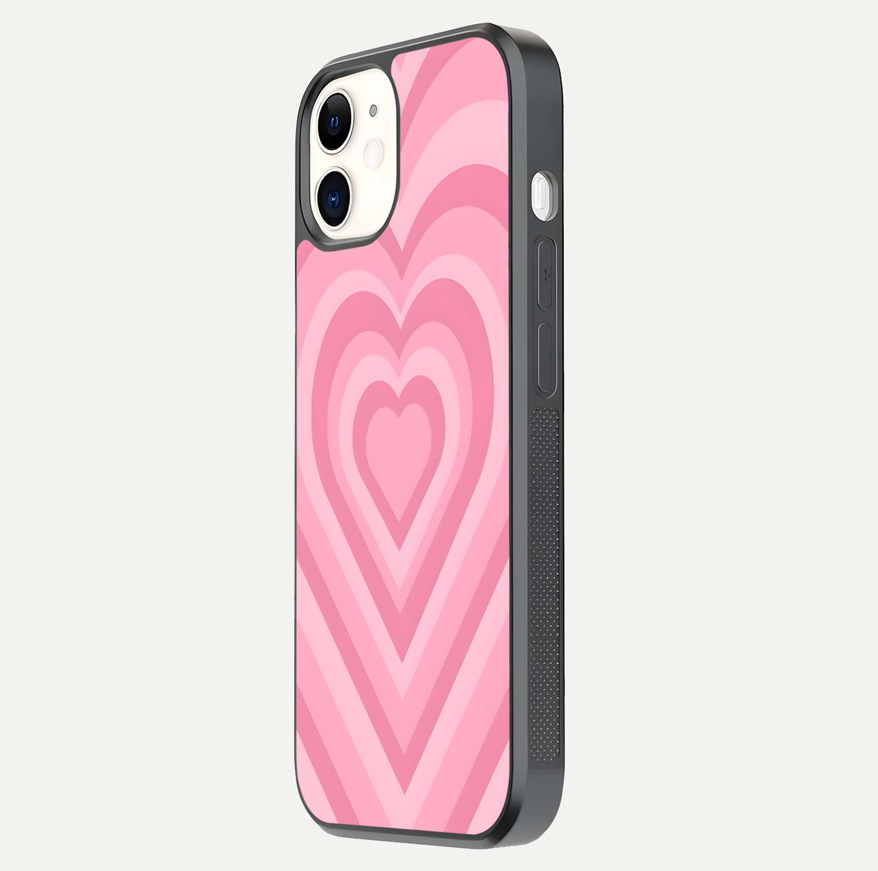 Blush Heart Waves iPhone 12 Mini glass phone case side profile view focusing on smooth edges and elegant wrap