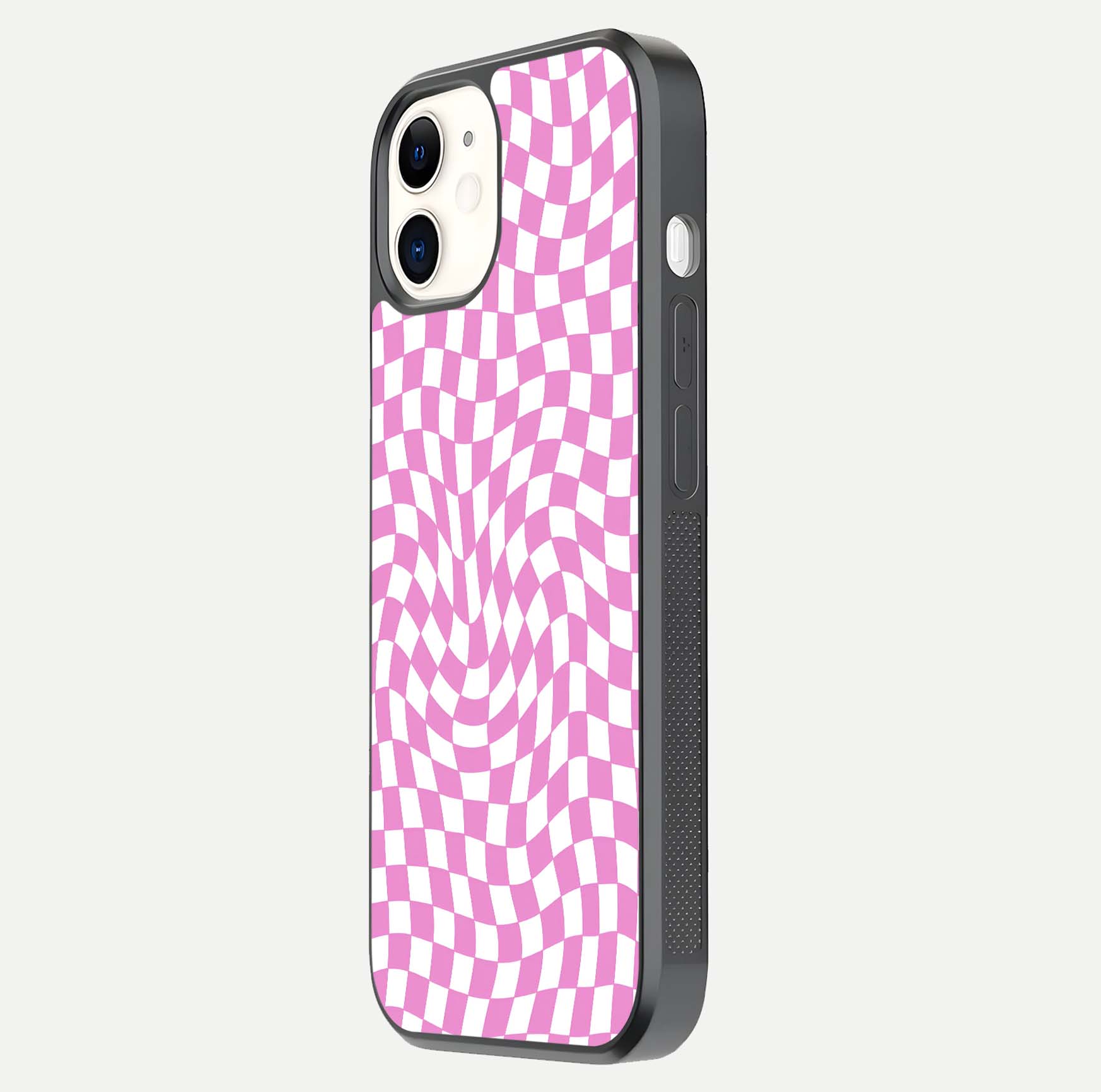Bubblegum Check Wave iPhone 12 Mini glass phone case side profile view focusing on smooth edges and seamless wrap