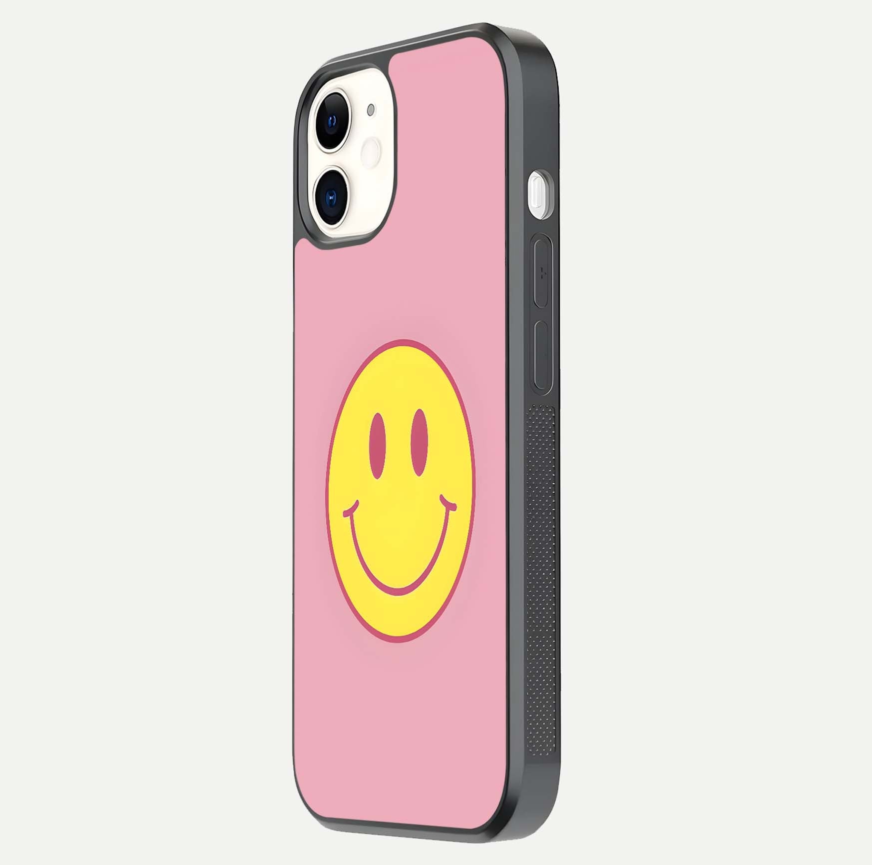 Happy Pink Mood iPhone 12 Mini glass phone case side profile view focusing on smooth frame and clean wrap