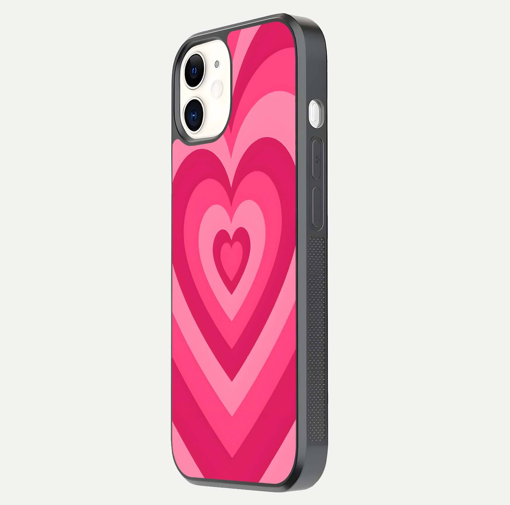 Layered Love Hearts iPhone 12 Mini glass phone case side profile view focusing on sleek edges and seamless wrap