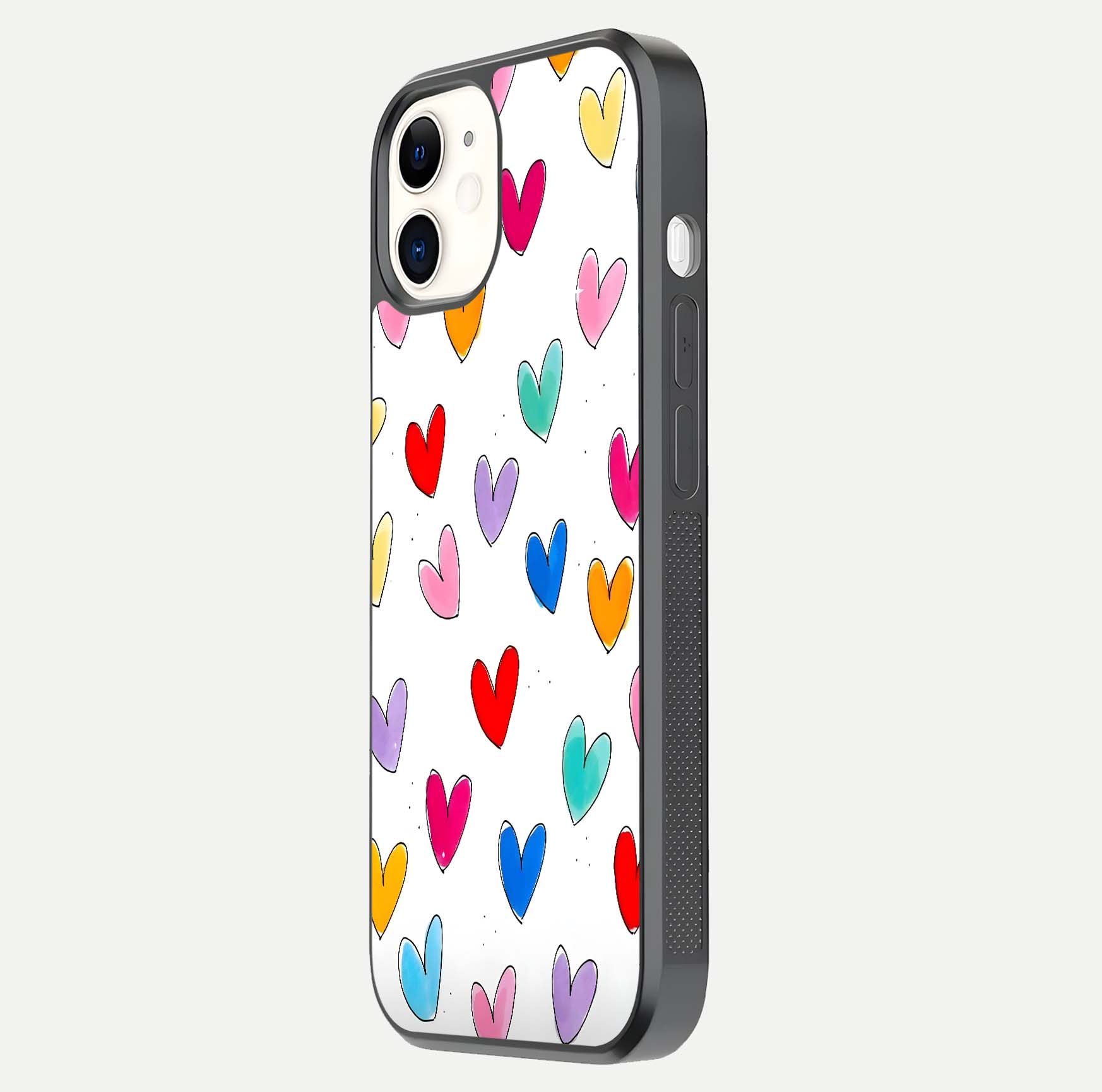 Playful Love Doodles iPhone 12 Mini glass phone case side profile view focusing on smooth frame and seamless wrap