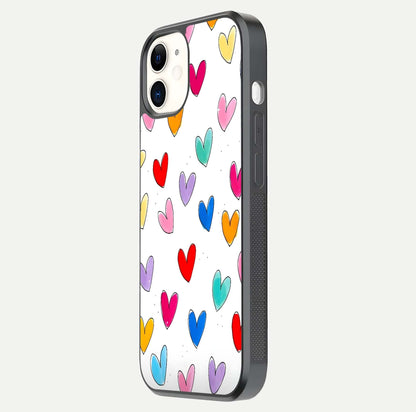 Playful Love Doodles iPhone 12 Mini glass phone case side profile view focusing on smooth frame and seamless wrap