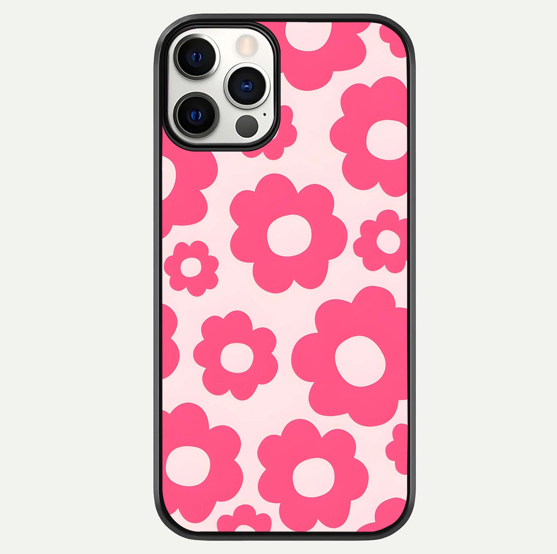 Blush Flower Pop iPhone 12 Pro glass phone case front view featuring playful blush floral artwork with glossy finish
