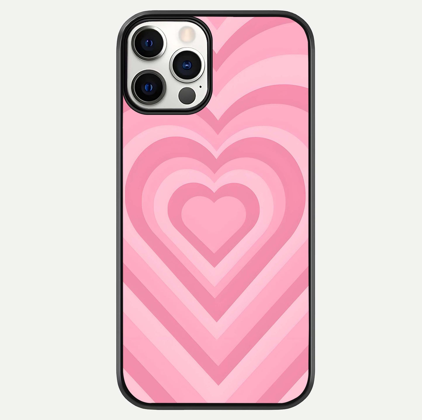 Blush Heart Waves iPhone 12 Pro glass phone case front view showcasing flowing heart wave patterns in soft blush tones