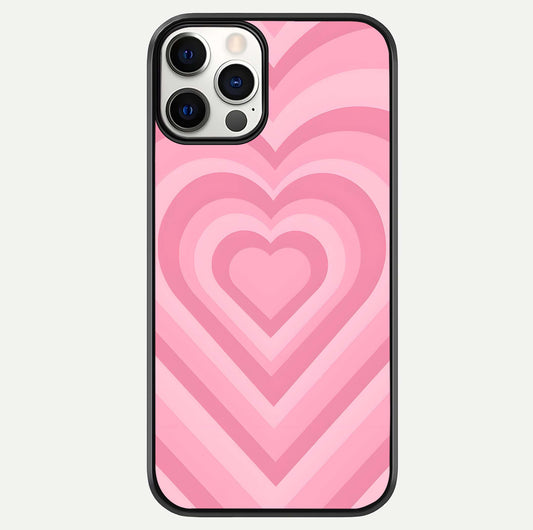 Blush Heart Waves iPhone 12 Pro glass phone case front view showcasing flowing heart wave patterns in soft blush tones