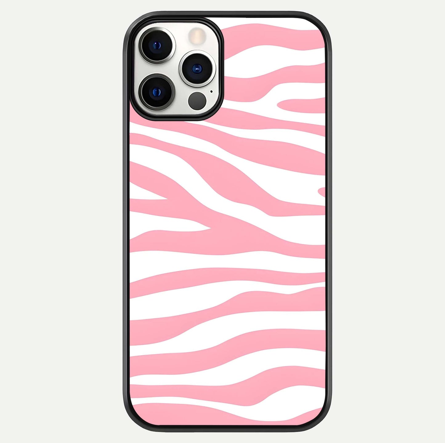 Blush Zebra Flow iPhone 12 Pro glass phone case front view featuring modern zebra flow pattern in blush tones