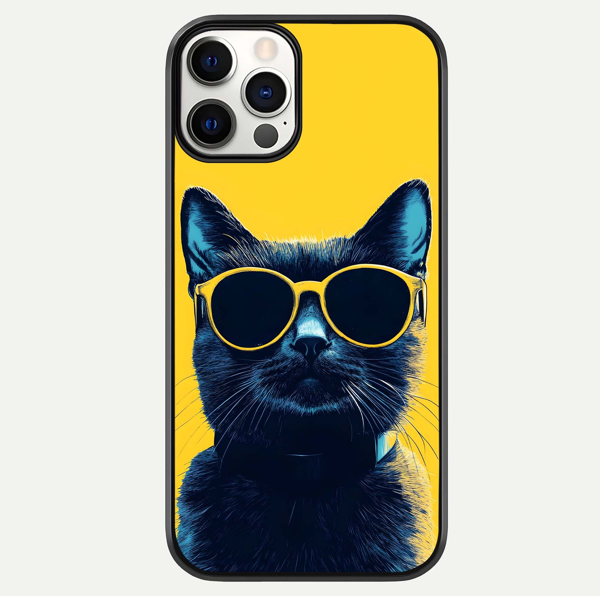 Cool Cat Vibes iPhone 12 Pro glass phone case front view featuring playful cat illustration with cool aesthetic tones