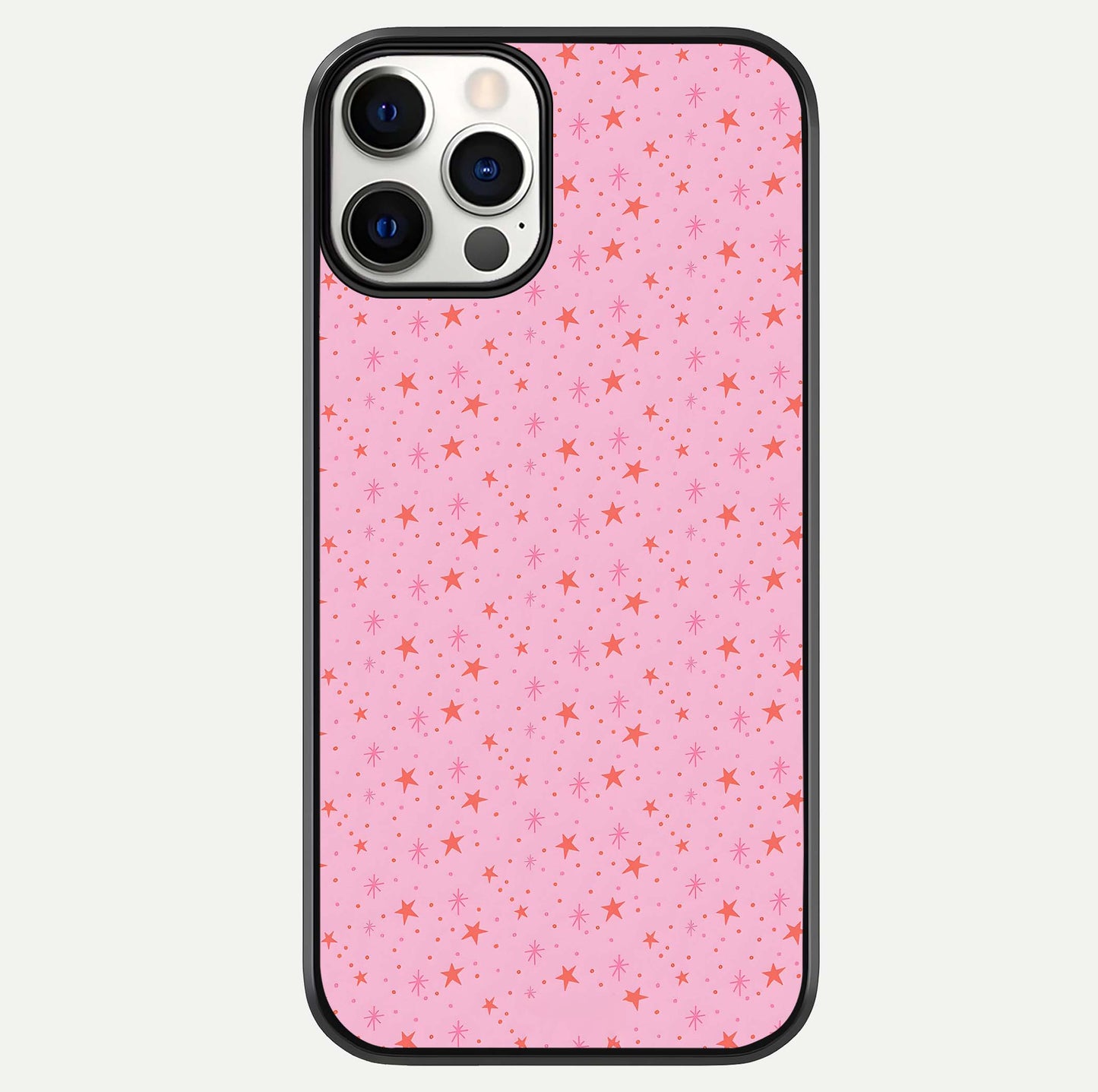 Cosmic Pink Sparkle iPhone 12 Pro glass phone case front view showcasing shimmering pink cosmic artwork with glossy finish