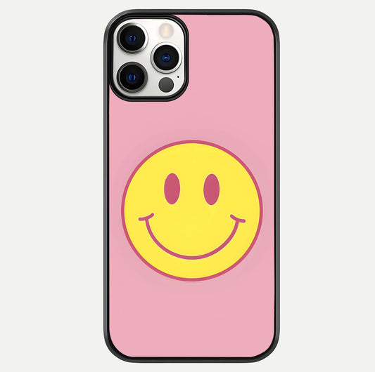 Happy Pink Mood iPhone 12 Pro glass phone case front view featuring cheerful pink tones and playful aesthetic design