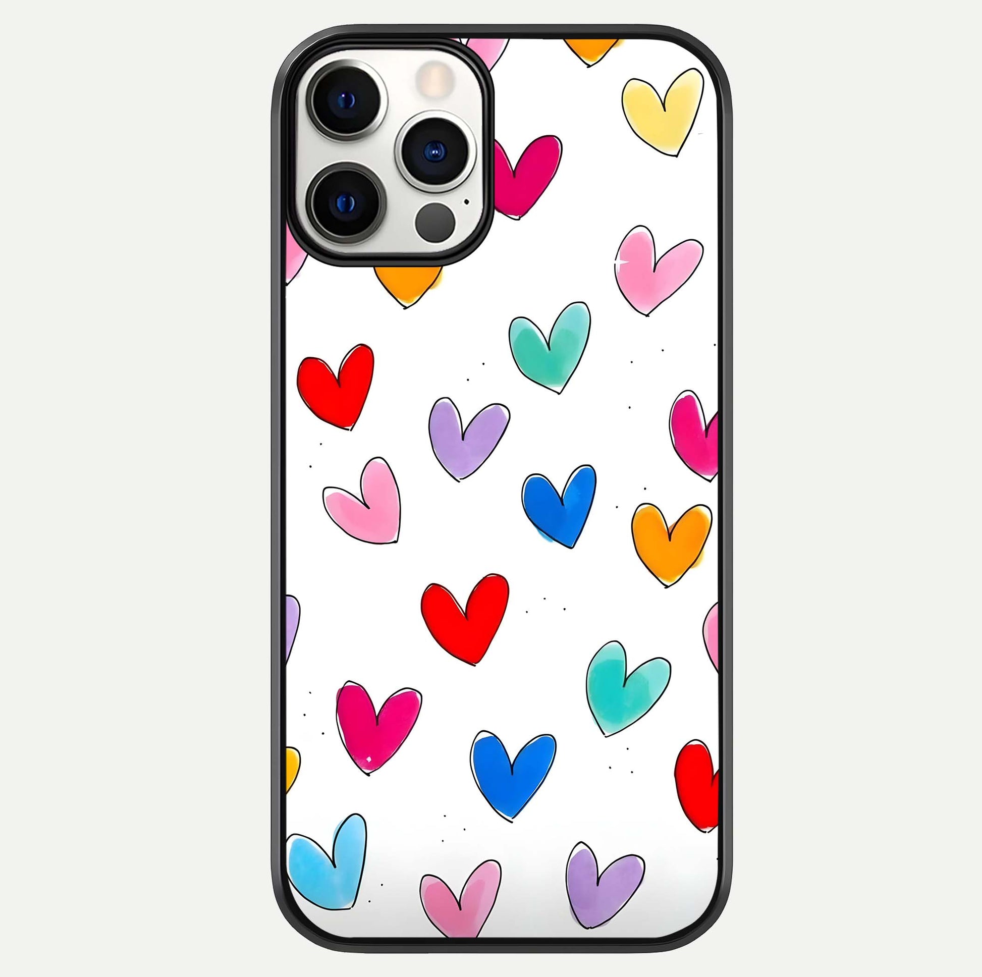 Playful Love Doodles iPhone 12 Pro glass phone case front view featuring cute love doodle illustrations with fun vibe