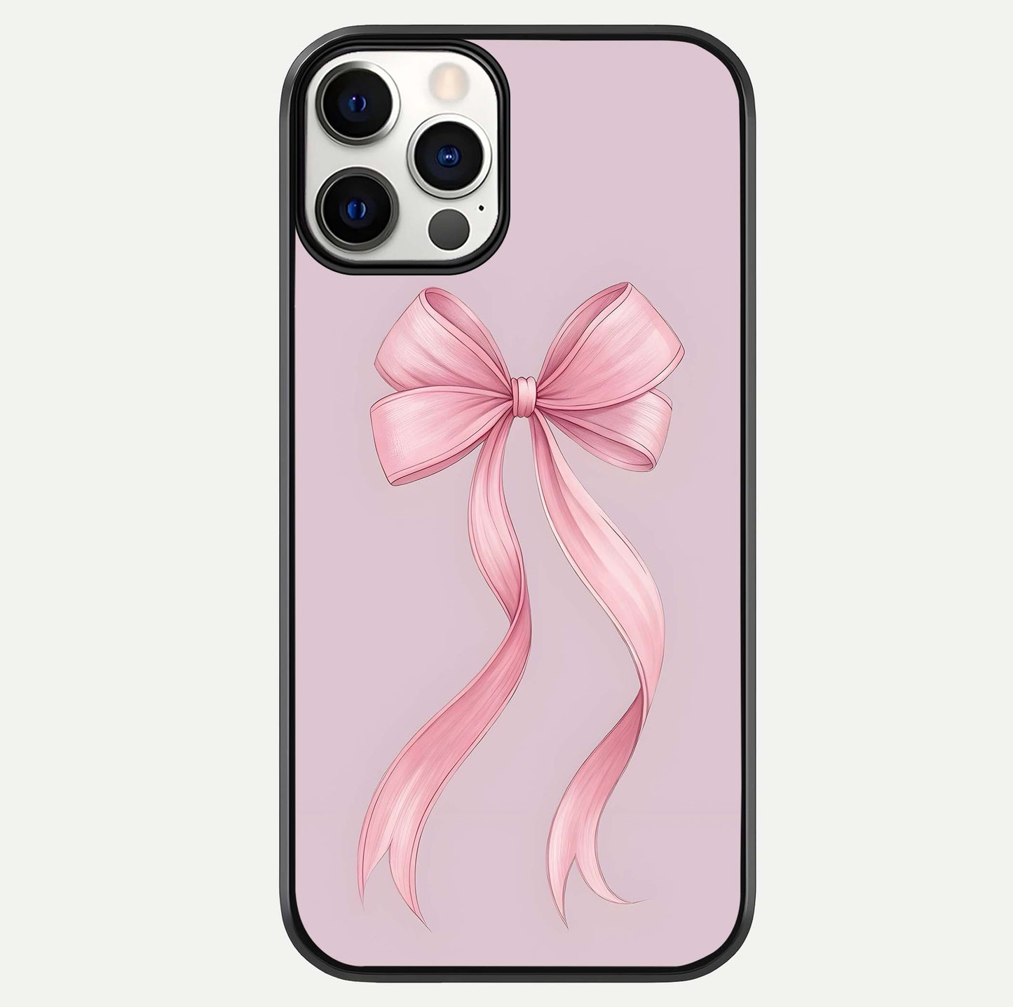 Soft Blush Bow iPhone 12 Pro glass phone case front view showcasing soft blush tones with elegant bow design