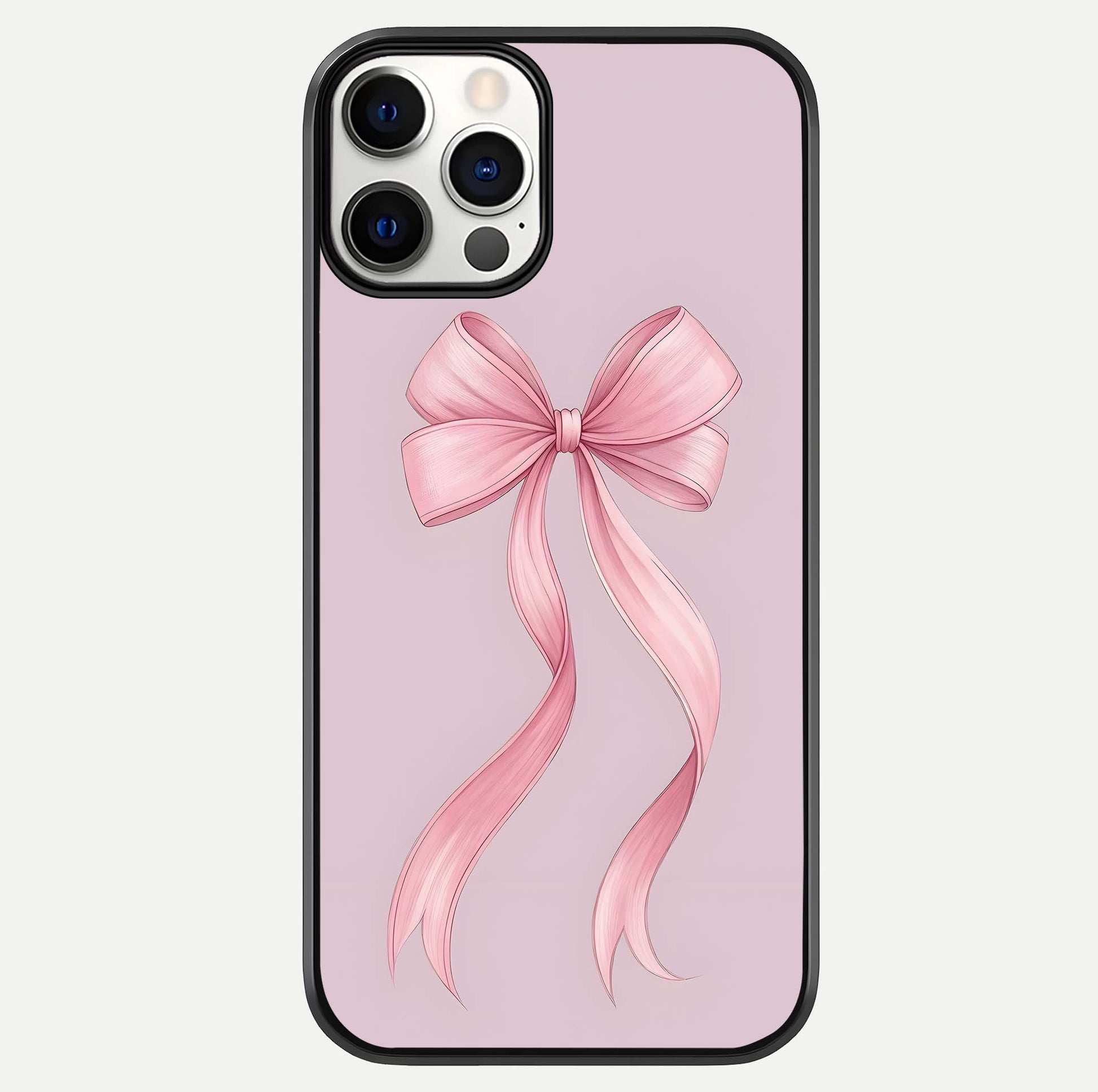 Soft Blush Bow iPhone 12 Pro glass phone case front view showcasing soft blush tones with elegant bow design