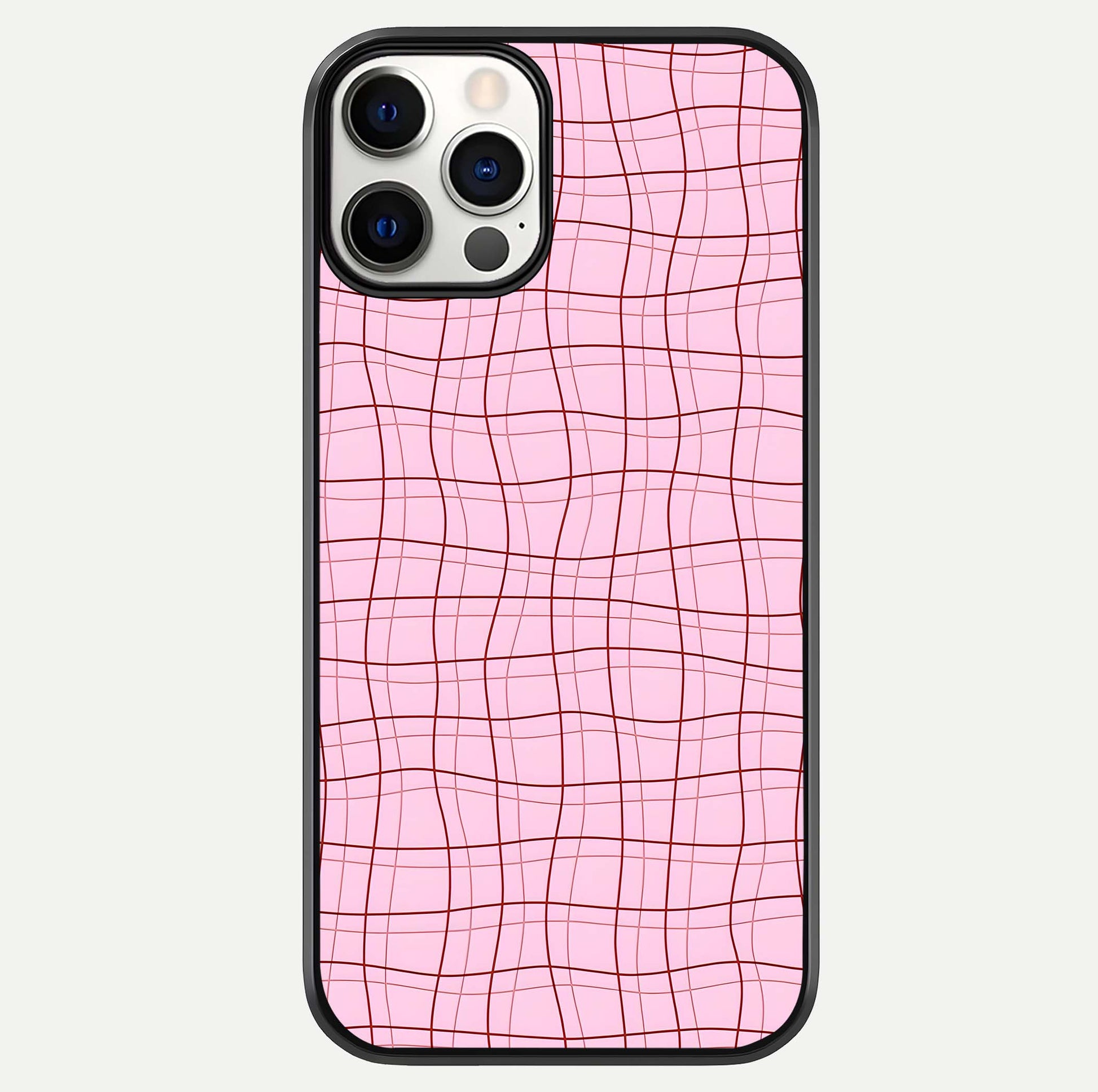 Soft Grid Bliss iPhone 12 Pro glass phone case front view showcasing minimal grid pattern with soft aesthetic