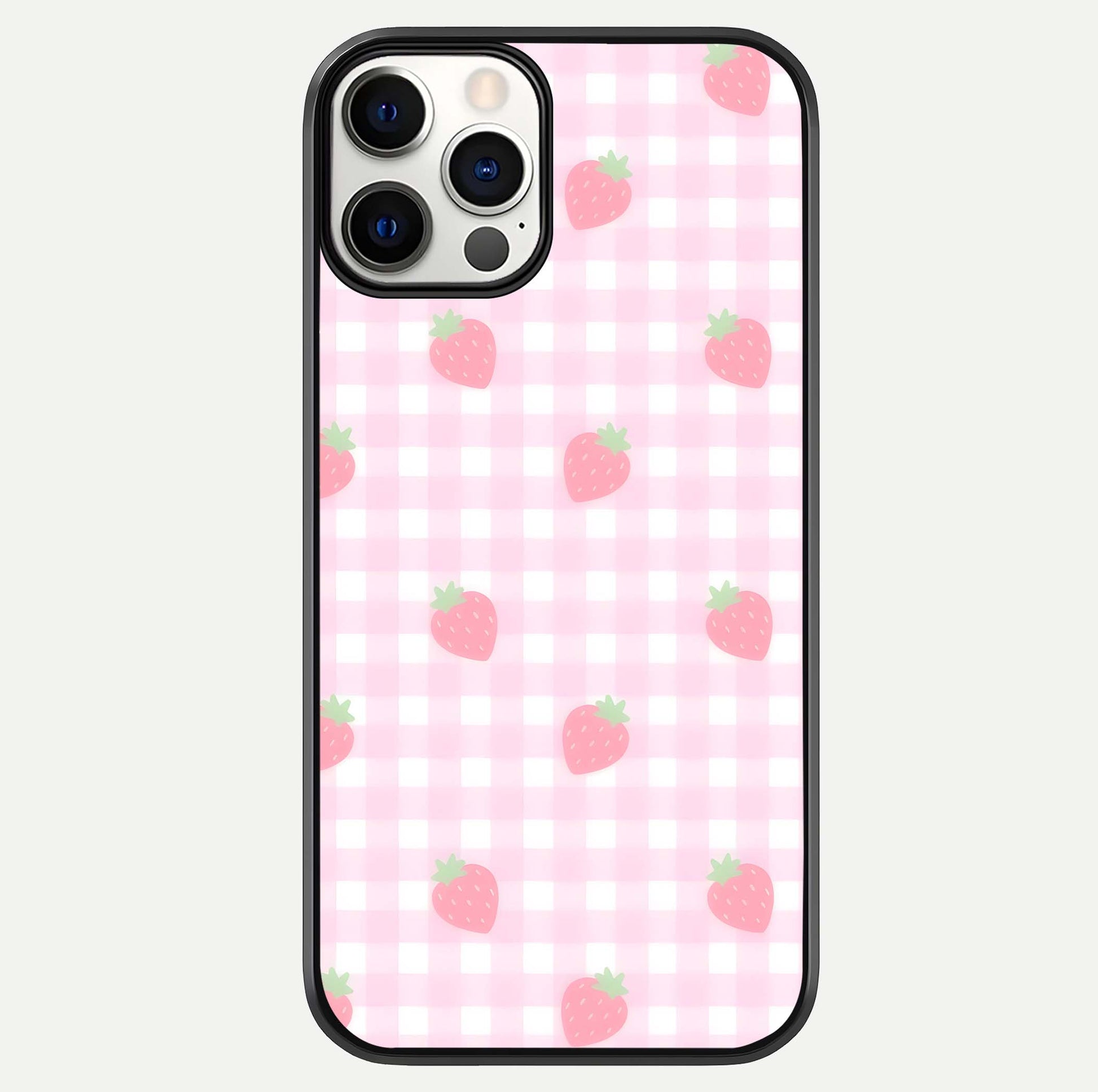 Strawberry Picnic Love iPhone 12 Pro glass phone case front view featuring cute strawberry picnic artwork with romantic vibe