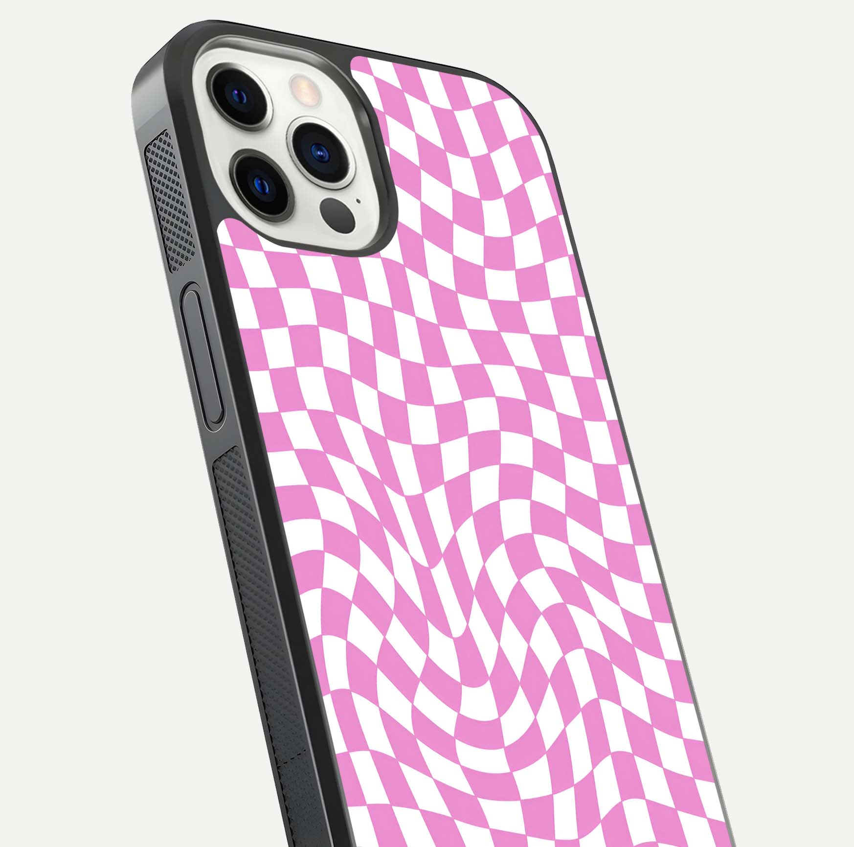 Bubblegum Check Wave iPhone 12 Pro glass phone case angled back view highlighting check wave artwork and side grip texture