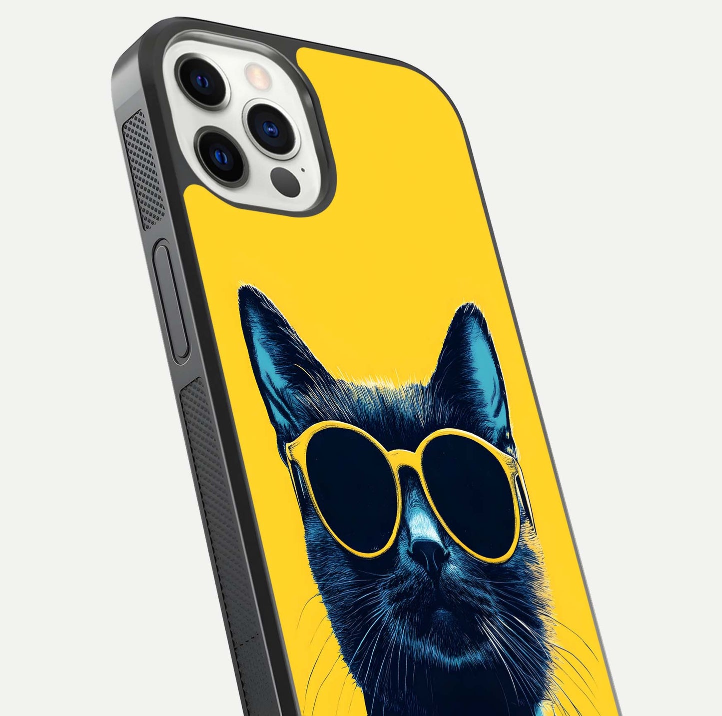 Cool Cat Vibes iPhone 12 Pro glass phone case angled back view highlighting cat artwork and textured side grip