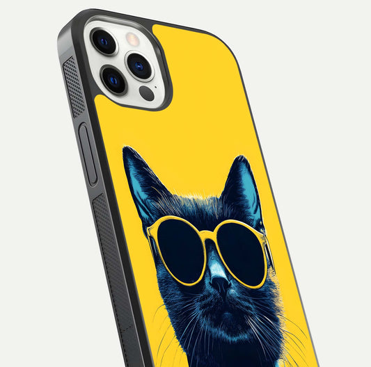 Cool Cat Vibes iPhone 12 Pro glass phone case angled back view highlighting cat artwork and textured side grip