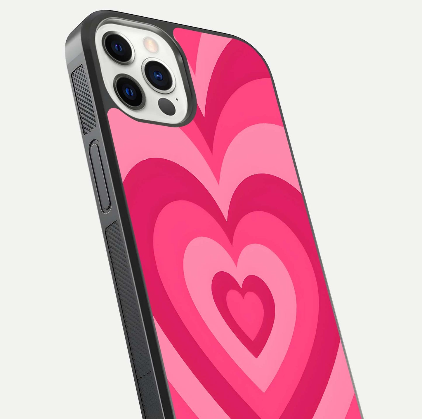 Layered Love Hearts iPhone 12 Pro glass phone case angled back view highlighting heart artwork and textured grip edges
