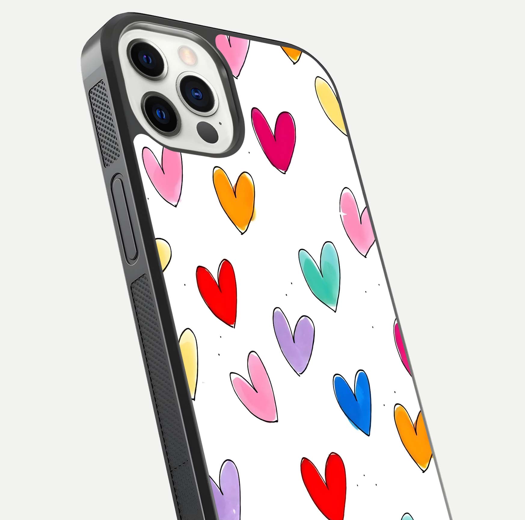 Playful Love Doodles iPhone 12 Pro glass phone case angled back view highlighting doodle artwork and textured grip edges