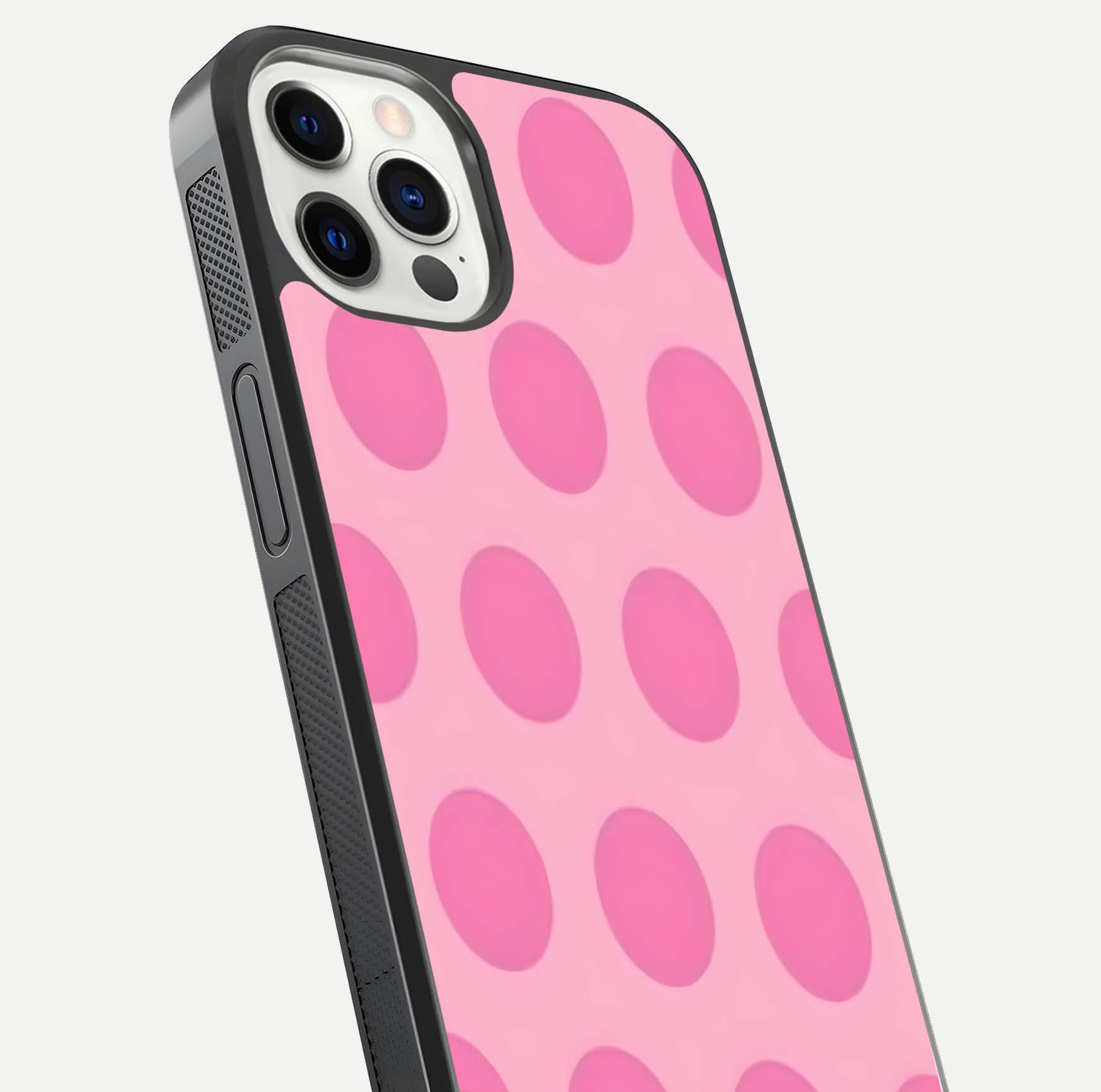 Sweet Dot Dreams iPhone 12 Pro glass phone case angled back view highlighting dotted artwork and side grip texture