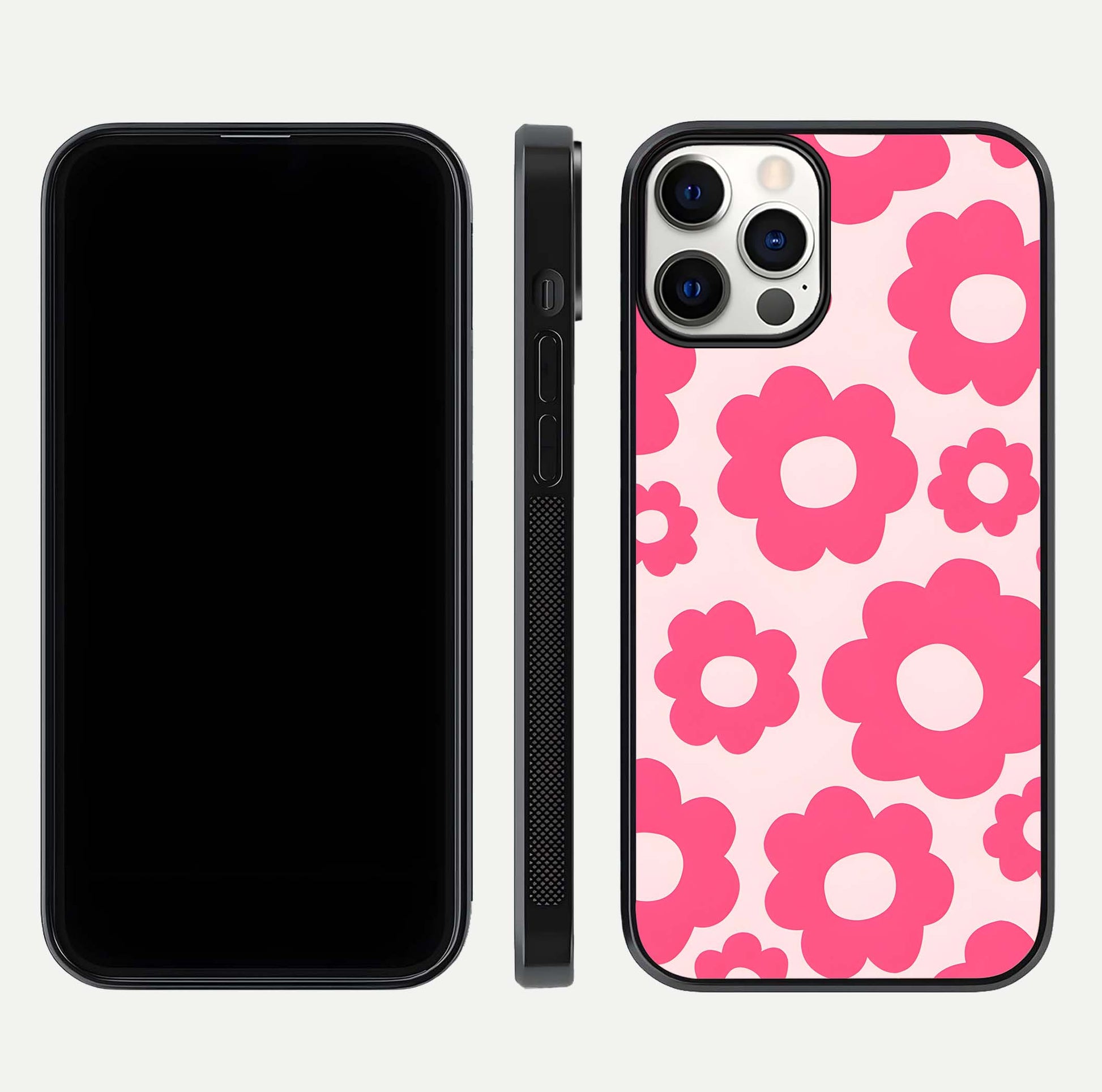 Blush Flower Pop iPhone 12 Pro glass phone case front and side layout view showing slim profile and full floral coverage