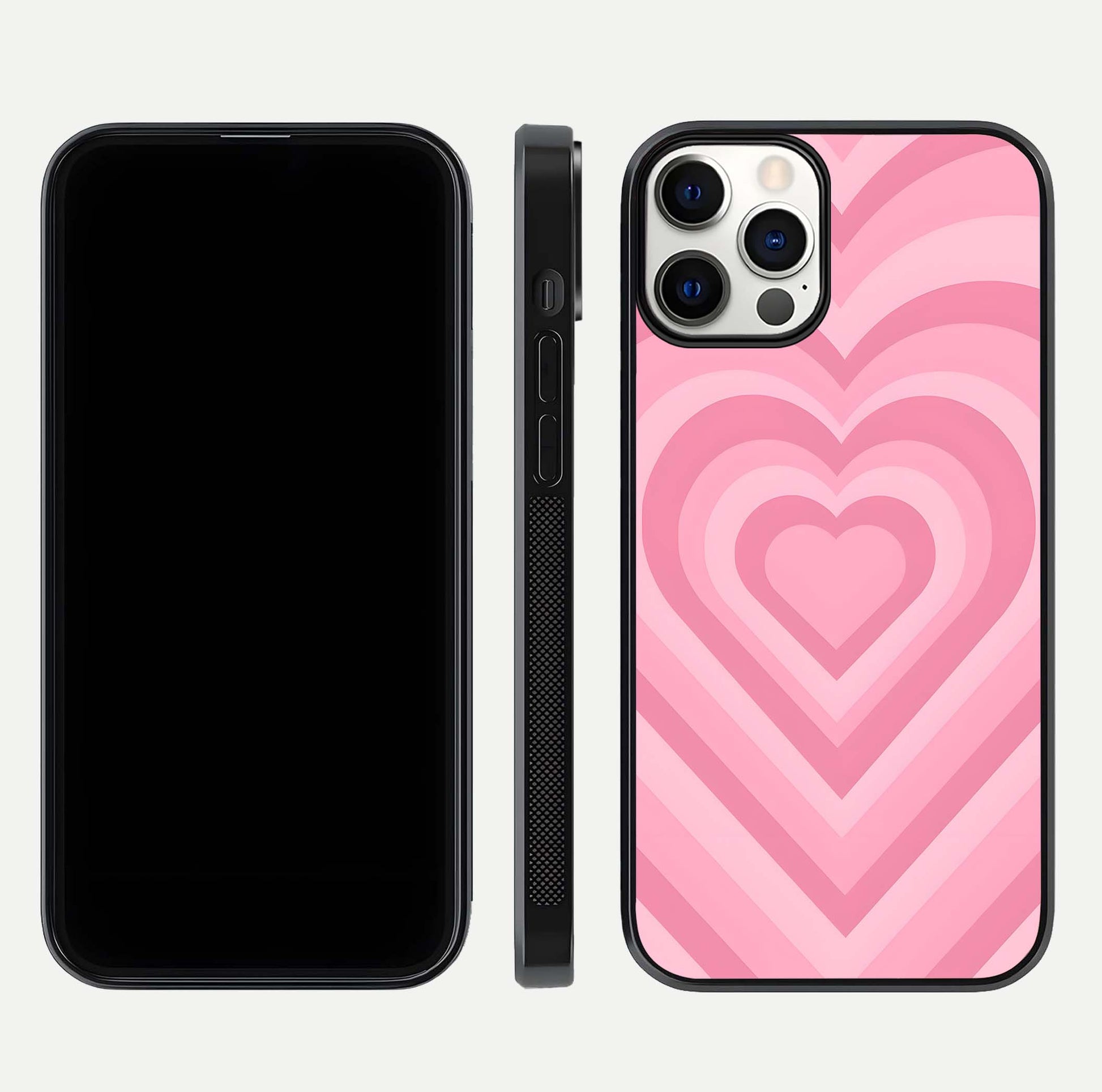 Blush Heart Waves iPhone 12 Pro glass phone case front and side layout view displaying slim frame and full heart pattern