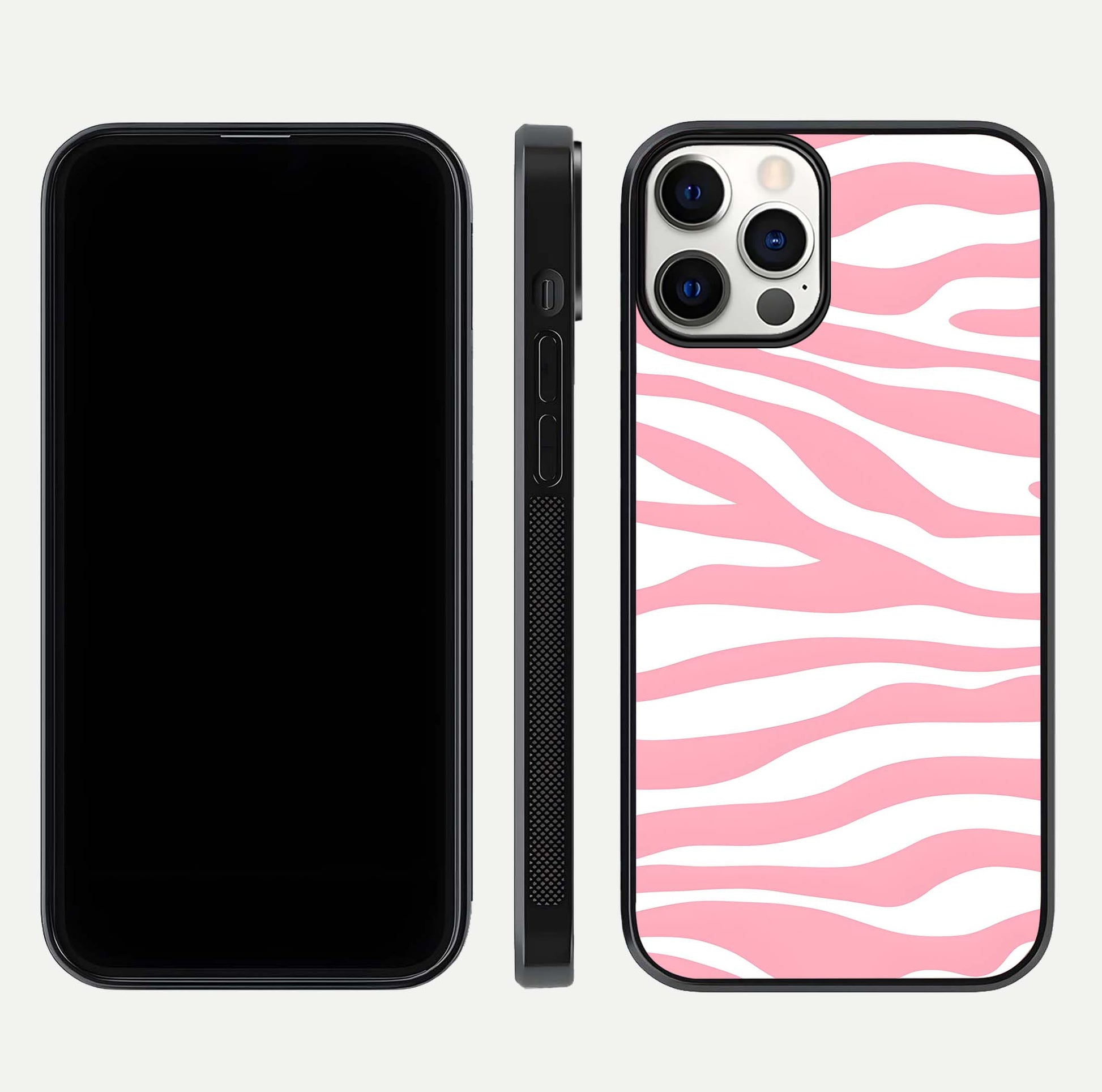 Blush Zebra Flow iPhone 12 Pro glass phone case front and side layout view showing slim build and flowing pattern coverage