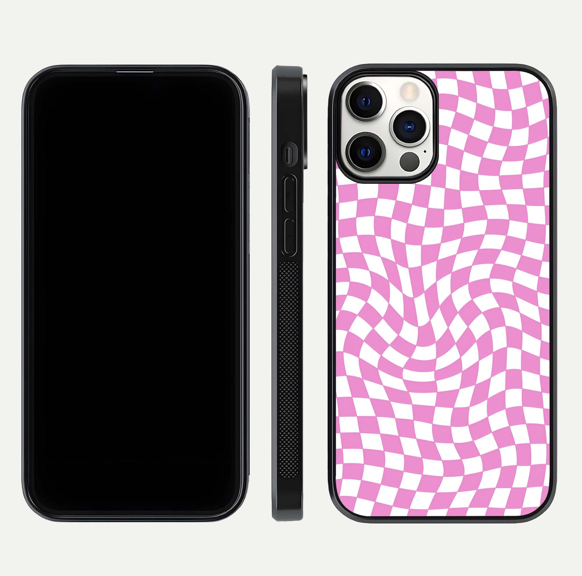 Bubblegum Check Wave iPhone 12 Pro glass phone case front and side layout view displaying slim profile and full pattern coverage
