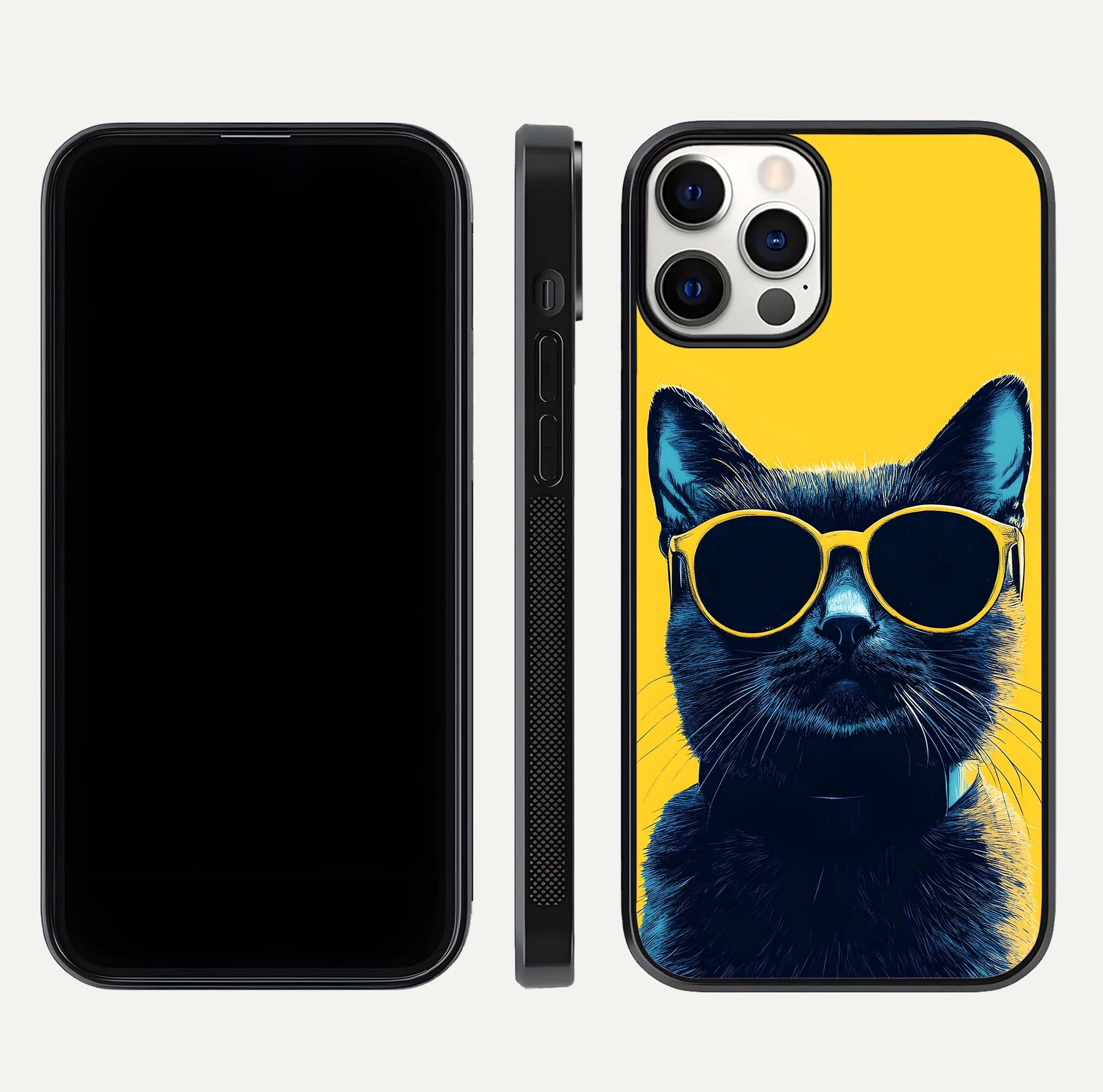 Cool Cat Vibes iPhone 12 Pro glass phone case front and side layout view showing slim frame and full design coverage
