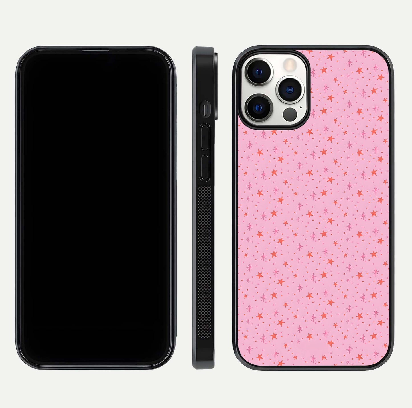 Cosmic Pink Sparkle iPhone 12 Pro glass phone case front and side layout view displaying slim profile and full cosmic coverage