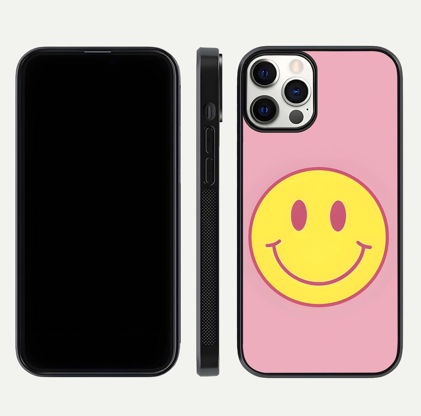 Happy Pink Mood iPhone 12 Pro glass phone case front and side layout view showing slim build and full pink coverage
