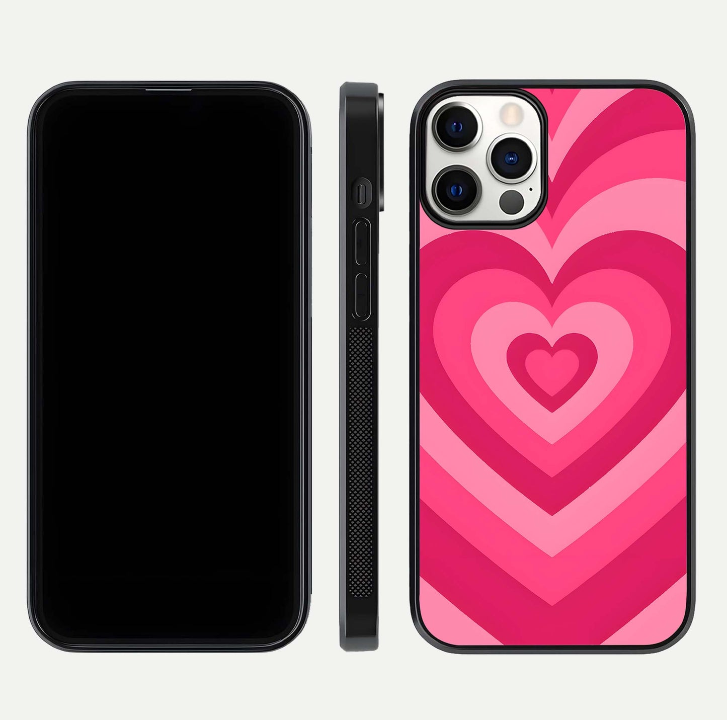 Layered Love Hearts iPhone 12 Pro glass phone case front and side layout view displaying slim profile and full heart design