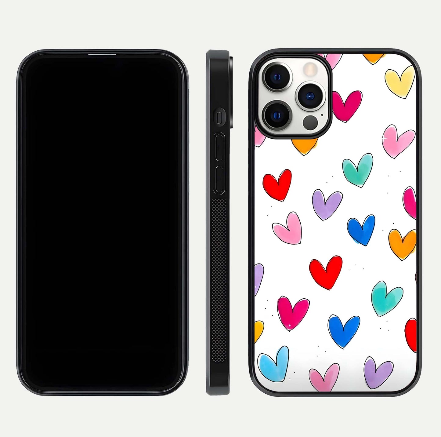 Playful Love Doodles iPhone 12 Pro glass phone case front and side layout view showing slim build and full doodle coverage